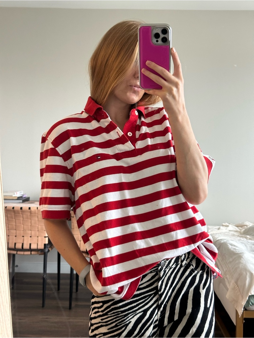 Tommy Hilfiger Men’s L size Women oversized polo red and white cotton preppy